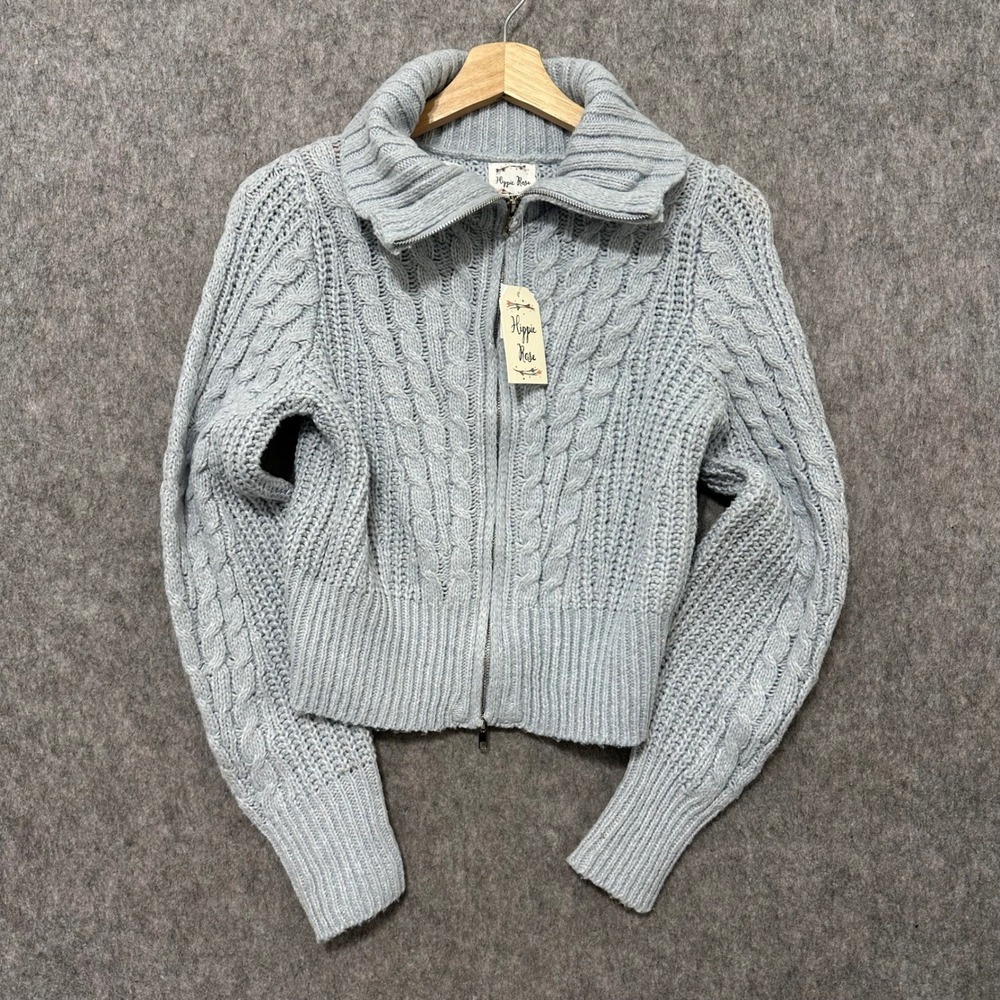NEW Hippie Rose Womens Blue Opal Cable Knit Full Zip Cardigan Sweater Size S